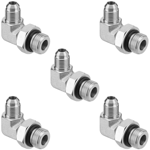 Image of 5 Pack 90 Degree Elbow Hydraulic Adapter Fittings: 3 /8 inch JIC 37 Male x #8 SAE /ORB Male, Hydraulic End Connectors with Protection Cover - 6801-06-08