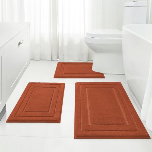 HOMEIDEAS Bathroom Rugs Sets 3 Piece Super Soft and Absorbent Non Slip Microfiber Toilet Bath Mat with U-Shaped (Burnt Orange)