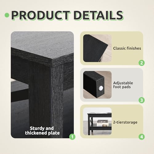 GOOBED Modern Coffee Tables for Living Room with Storage, Farmhouse 2-Tier Rectangular Coffee Table, 39.4" Coffee Table with Ample Storage Ideal for Living Room Home Office, Black