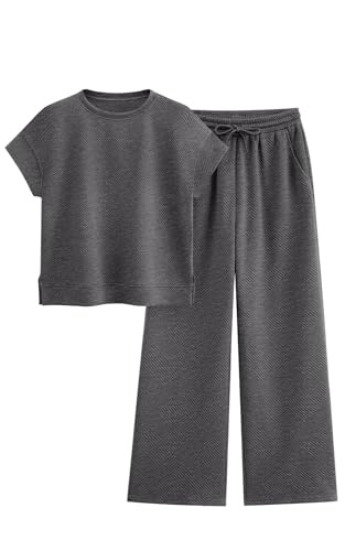 Image of PRETTYGARDEN 2 Piece Outfits For Women Casual Tracksuit Short Sleeve Tops And Wide Leg Long Pants Matching Lounge Sets