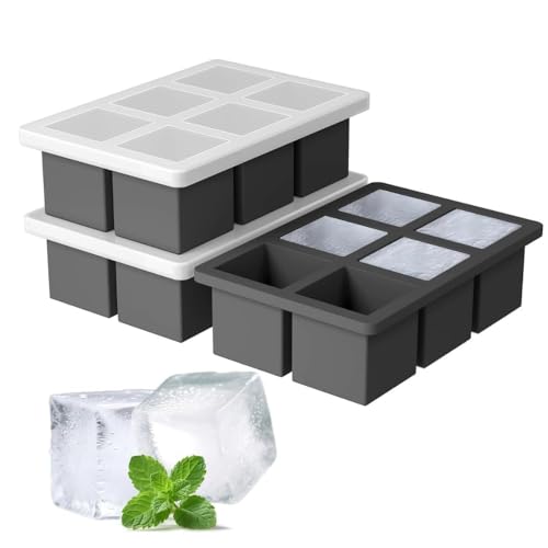 Image of Ice Cube Molds with Lid,Big Silicone Ice Cube Tray for Whiskey,2Inch Square Ice Cube Tray,Easy-Release Ice Mold,Giant Ice Cubes for Bourbon Cocktail (2, Black)