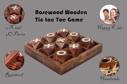 Image of Handcrafted Rosewood Tic Tac Toe Board Game, Sheesham Wood Construction, Classic Family Game with Glass Marbles (10x10 inch)