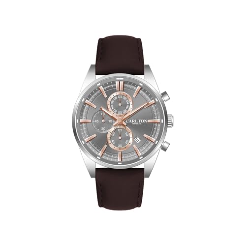 Image of Carlton London Windsor Men Analog Watch, Round Dial, Leather Strap, Quartz Movement, 43 mm Case, Slim Design, Lightweight Comfort, 30M Water Resistant, Casual Formal Wear