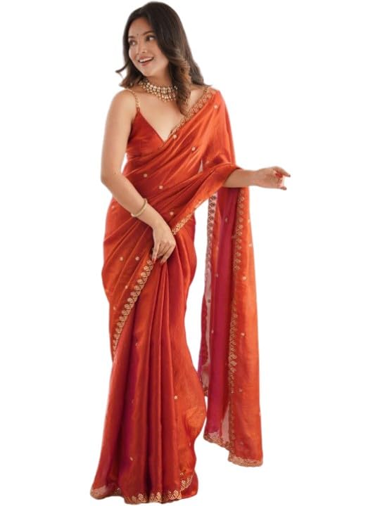 Women Embellished Sequinned Tissue Silk Saree with Elegant Border | Designer Saree for Women with Shimmer Finish, Soft Draping and Stylish Look for Festive and Special Occasions