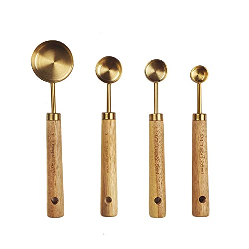 Zestaw Łyżek Pomiarowych Uchwyt Drewniany Miarki Ze Stali Nierdzewnej Łyżki Narzędzia Do Pieczenia Kawy Barmańska Waga Kuchenna，4Pcs Big-One Size