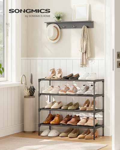 Image of SONGMICS 4-Tier Shoe Rack for Closet, Compact Metal Shoe Organizer Shelf for Entryway, Bedroom, Small Spaces, Stackable, 11.8 x 24.5 x 26 Inches,Black ULSA124BH01