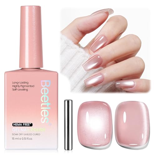Image of Beetles Blushing Haze Pink Cat Eye Gel Nail Polish - 15ML Full Size Gel Polish Glitter Pink Cat Eye Magnetic Translucent Glassy Effect Soak Off UV French Nail Art Manicure Gift for Wome