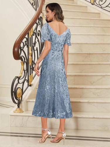 Floral Sequin Tea Length Mother of The Bride Dresses for Women Short Sleeve V Neck Evening Formal Dress2