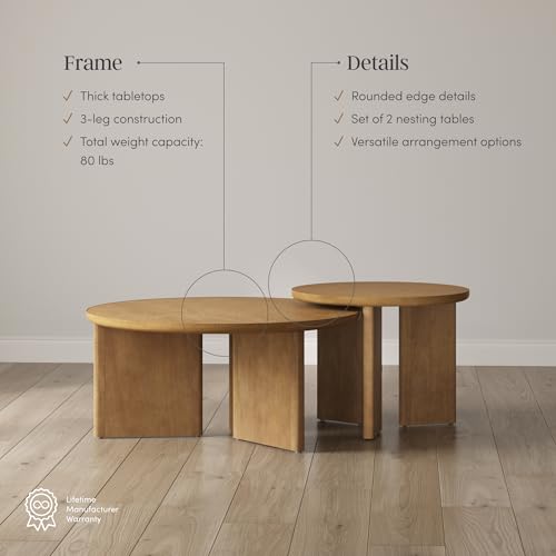 Image of Nathan James Davis Round Wooden Coffee Table, Nesting Coffee Table Set, Nested Table Furniture for Living Room, Light Brown