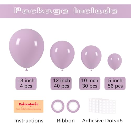Image of Voircoloria 130pcs Lilac Purple Balloons Different Sizes 18 inch 12 inch 10 inch 5 inch Faded Purple Latex Balloon Garland Arch Kit for Birthday Baby Shower Graduation Wedding Gender Reveal Party Decorations
