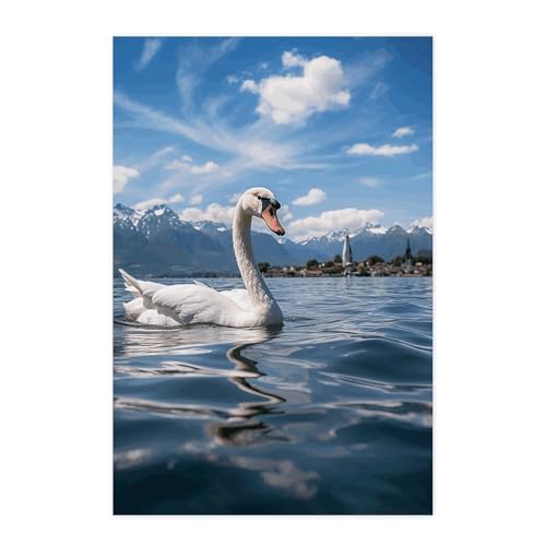 Poster mural cygne dans le lac déco vintage autocollant salon