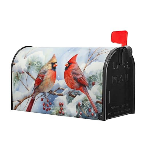 Image of Winter Cardinal Red Birds Magnetic Mailbox Cover Standard Size 18 inch X 21 inch Holly Berry Branches Snow Mailbox Wrap Christmas for Outdoor Post Letter Box Decor