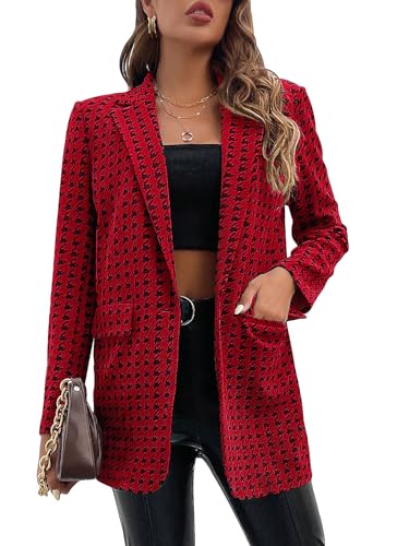 WDIRARA Women's Houndstooth Print Lapel Collar Single Button Work Office Jacket Blazer