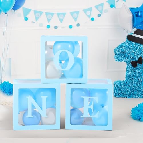 Image of Rozi Decoration Paper Blue One Balloon Box For 1St Birthday Parties Decorations Set Of 3 Box First Birthday Balloons Box, Happy Birthday Decoration For 1St Year Balloons Box Decor