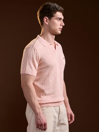Image of THE BEAR HOUSE Men's Pink Pure Cotton Textured Knit Polo