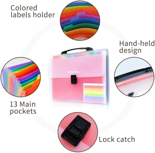 Image of 13 Pocket Expanding File Folder with Handle, Rainbow Accordion Document Organizer, A4 Size Portable Plastic Filing Case with Labels, Waterproof, for Office, School, Home, Documents (13 Pocket)