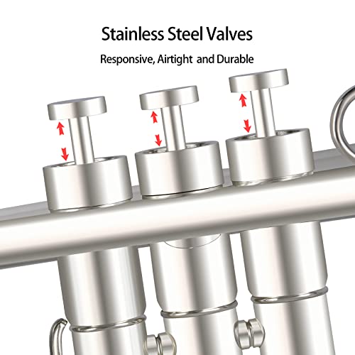 Rowell Trumpet Standard Bb Trumpet Set Professional Trumpet Bass Trumpet For Beginners Silver Plated With Deluxe Hand Case,Gloves,7C Mouthpiece And Trumpet Clean Kit #TOP1