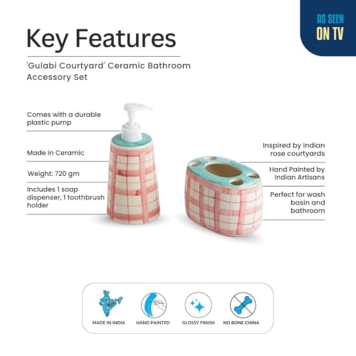 Image of ExclusiveLane 'Gulabi Courtyard' Hand-Painted Ceramic Bathroom Accessories Set of 2 (Liquid Soap Dispenser for Wash Basin, Paste & Toothbrush Holder) |Handwash Dispenser |Bathroom Organiser Set