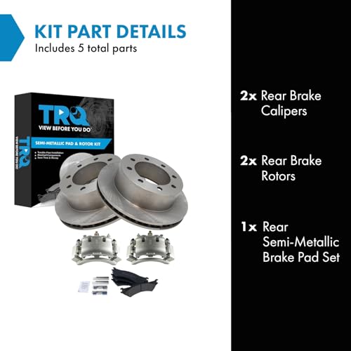 Image of TRQ Rear Brake Pad, Caliper, & Rotor Kit Semi-Metallic Vented Compatible with 2003-2007 Ford E-250 1999-2002 E-250 Econoline