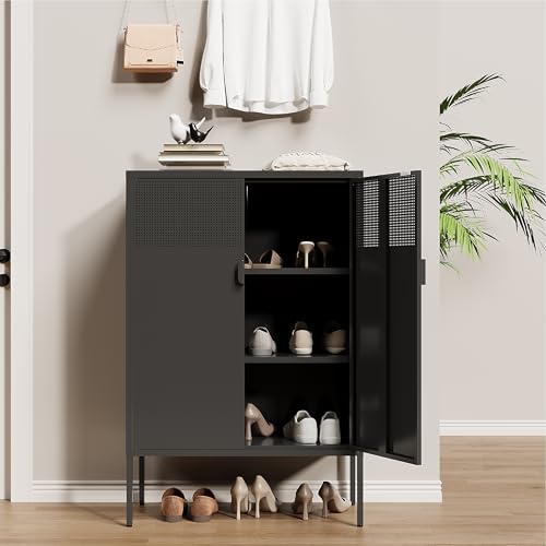 Image of Metal Storage Cabinet,2 Door TV Stand, Metal Mesh Accent Cabinet