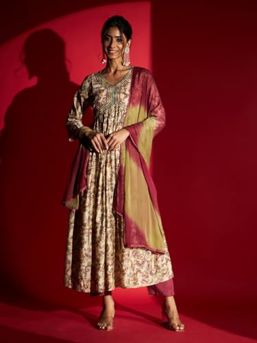 Image of Naixa Women's Viscose Rayon Embroidered and Printed Flared Kurta with Pant and Dupatta Sets (NK-410)