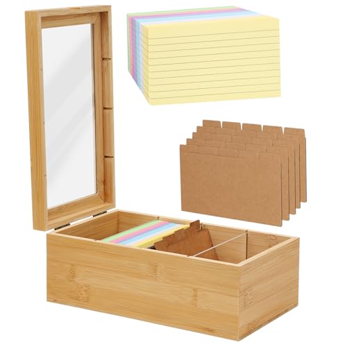 A7 Karteikarten Box Holz,Lernbox Vokabelbox mit Trennwänden und 300 Stück Haftnotizen,Karteikasten mit Transparent Sichtfenster und Deckel,Karteikartenbox Karten Aufbewahrungsbox für Schulen Büro