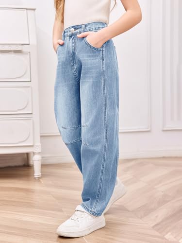 Haloumoning Girls Wide Leg Barrel Jeans Kids Fashion Elastic Waist Baggy Denim Pants with Pockets 5-14 Years2