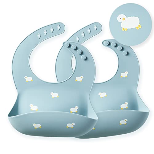 Silicone Baby Bibs Set of 2 BPA Free Waterproof Soft Adjustable Bib Easily clean with Food Catcher 6-18 Months