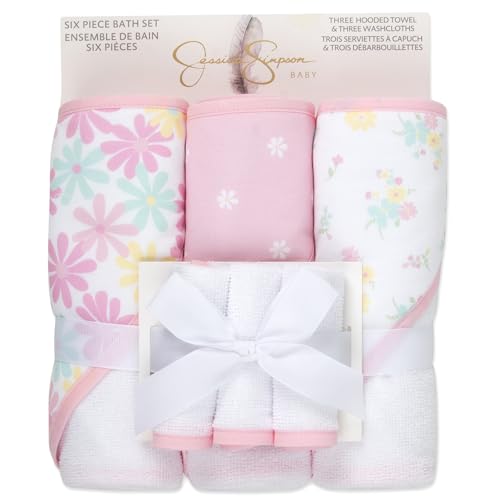 Image of Jessica Simpson Baby 6-Piece Hooded Towel & Washcloth Set - Soft Polyester Hooded Towels + Matching Washcloths (Pink Floral Multi)
