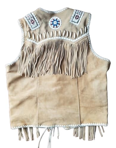 Image of Men's Western Cowhide Suede & Leather Vest - Beaded Fringe Yoke & Back Native-Inspired Cowboy Biker Vest