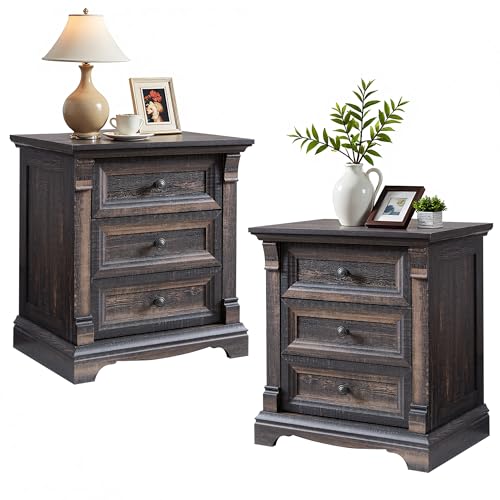 Image of 26 inchH Night Stand Set of 2, 23.6 inchW Wooden End Table with Charging Station
