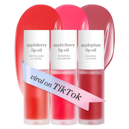 Image of NOONI Vegan Appleseed Lip Oil Set - Appleberry & Applecherry & Appleplum | Long-Lasting, Moisturizing, Plumping, Revitalizing for Dry Lips, Waterproof, No Peel Off, 0.12 FL Oz x 3ea