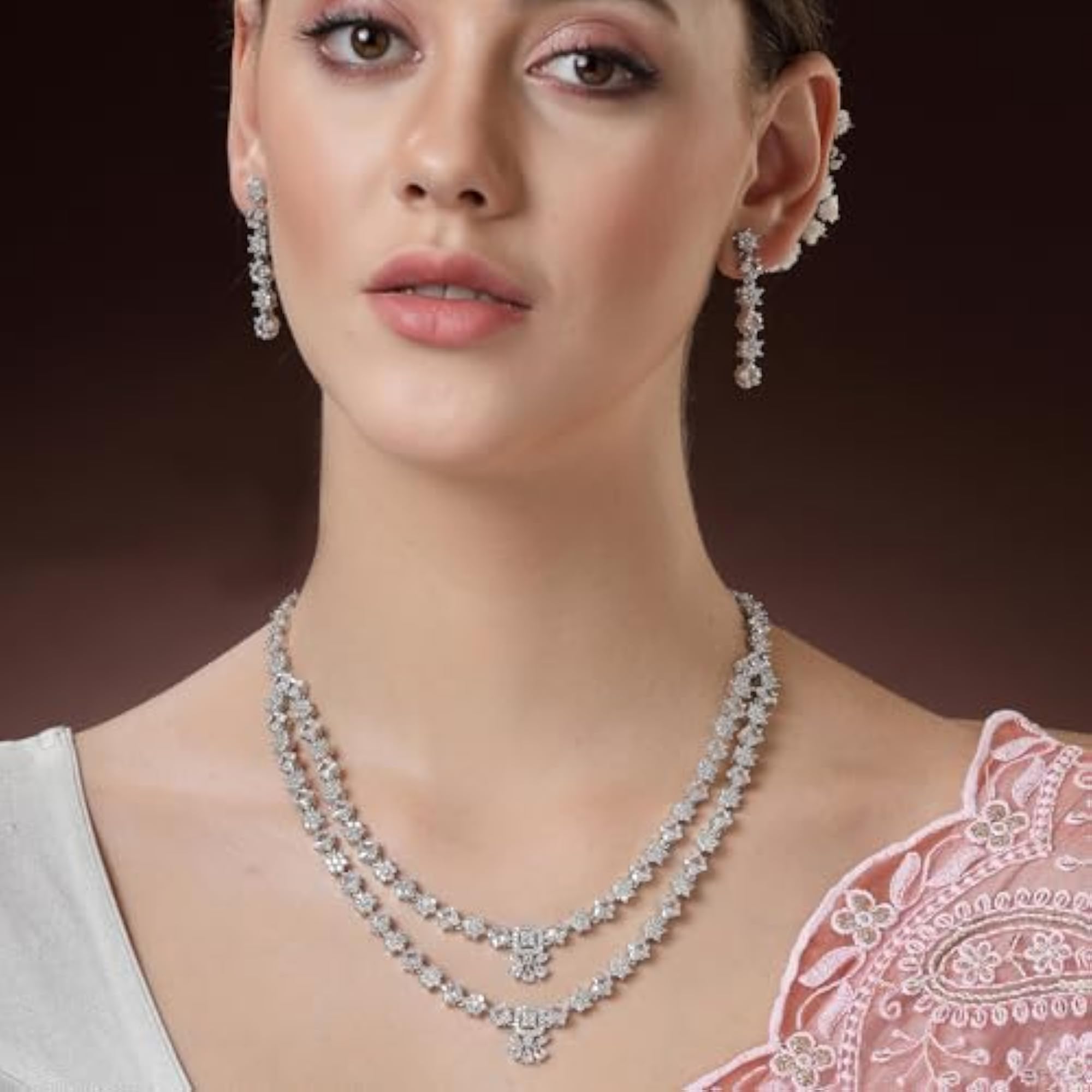 Rhodium-Plated American Diamond Layered Necklace Set