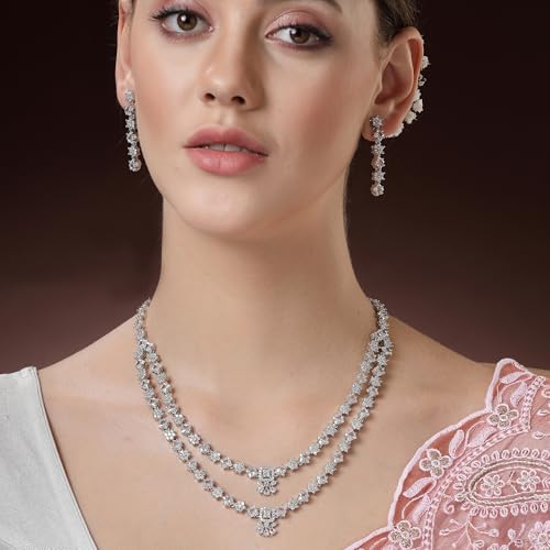 Image of ZENEME Rhodium-Plated American Diamond Studded Star Shaped Layered Necklace With Earrings Jewellery Set For Girls and Women