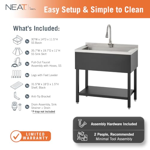 Image of Stainless Steel Utility Sink, Oversized Freestanding Single Bowl Utility Sink with Pull-Out Faucet, for Garage, Laundry Room, Shop, NSF Certified, 36 inchW x 20 inchD x 50 inchH, Black