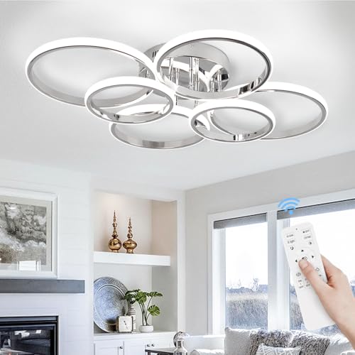 Sovinzert Modern Ceiling Lights, 6 Rings Dimmable Chrome LED Ceiling