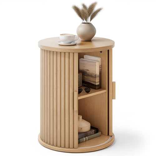 YITAHOME Runder Tisch mit Schiebetürenschrank, Beistelltisch mit 2-stöckigem Aufbewahrungsregal für Schlafzimmer, Esszimmer, Wohnzimmer, Home Office, oder Wohnung, kleiner Couchtisch/Nachttisch, helle
