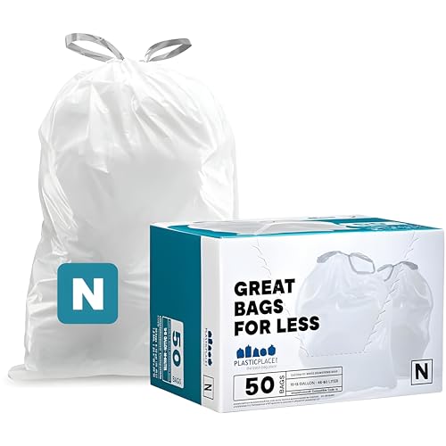 Image of Plasticplace Custom Fit Trash Bags, Compatible with simplehuman Code N (50 Count) White Drawstring Garbage Liners 12-13 Gallon / 45-50 Liters, 22.5 inch x 31.5 inch