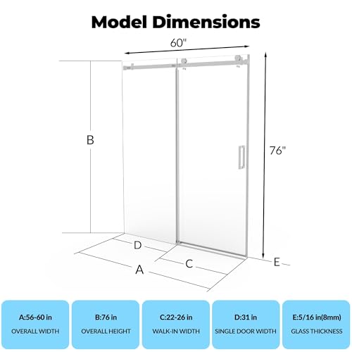 Image of Frameless Shower Doors 56-60 inch W x 76 inch H, Sliding Door, 5 /16 inch (8mm) Clear Tempered Glass, Space-Saving Design for Modern Bathrooms