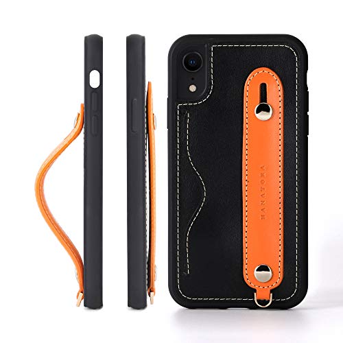 HANATORA iPhone XR グリップケース レザー 本革 ストラップ付属 イタリア製牛革 ヌメ革 片手操作 カード収納 スタンド機能 メンズ レディース ブラック/オレンジ CGH-XR-Black-OG