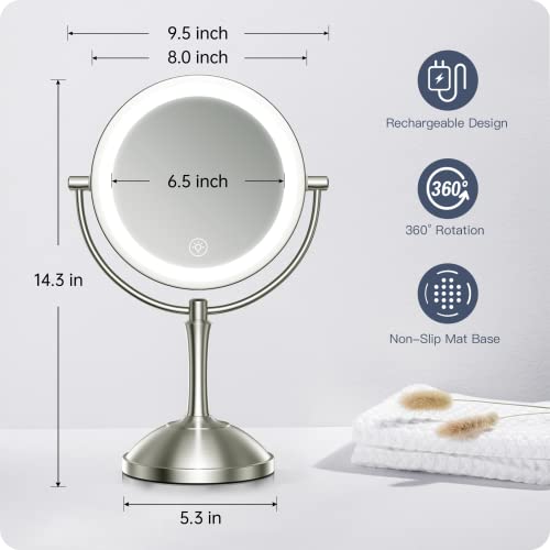 Benbilry 8" Lighted Makeup Mirror With 1X/10X Magnifying Led Light Mirrors 3 Color Dimmable Lights Double Sides Rechargeable Cordless Swivel Vanity Mirror With Lights And Magnification Nickel #TOP4