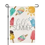 Hello Summer Ice Cream Garden Flag 12x18 Inch Double Sided Burlap, Colorful Popsicle Sun Small Sign Holiday Farmhouse Yard Outdoor Decor DF498
