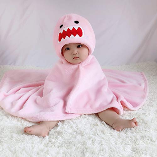 Image of TONWHAR 0-4 Years Toddlers' And Kids' Boys Girls Animal Face Hooded Blanket Baby's Bathrobe,Plush After Bath Blanket(Pink Shark)