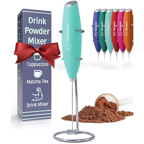Elementi Drink Mixer Handheld - Electric Drink Stirrer for Powder Drinks - Protein Powder Mixer Wand & Frother - Hand Frother with Stand (Mint Green)