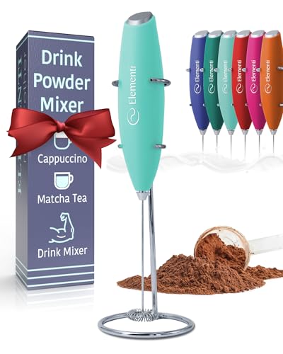 Elementi Drink Mixer Handheld - Electric Drink Stirrer for Powder Drinks - Protein Powder Mixer Wand & Frother - Hand Frother with Stand (Mint Green)