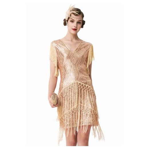 ArtiDeco 1920-tals Charleston klänning mini dam vintage gatsby-kostym klapper 20-talet cocktailklänning, rosguld, S