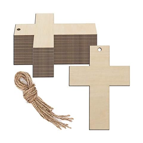 JANOU 20pcs Cross Shaped Wood DIY Craft Cutouts Cross Unfinished Wood Gift Tags Ornaments with Ropes for Wedding Birthday Happy Easter Party Decoration, 3.9x2.8 in Cover