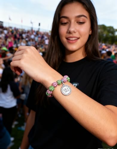 Image of Graduation Sorority Bracelet Pink and Green Bead Bracelet Alpha.K.A Greek Paraphernalia Sorority Jewelry