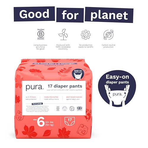 Pura Hypoallergenic Diaper Pants Size 6 (33+ lbs) Overnight, up to 12 Hours Leak Protection, Suitable for Sensitive Skin, Totally Chlorine Free, Soft Organic Cotton, 3 Packs of 17 (51 Pull Up Pants) - Thumbnail 5
