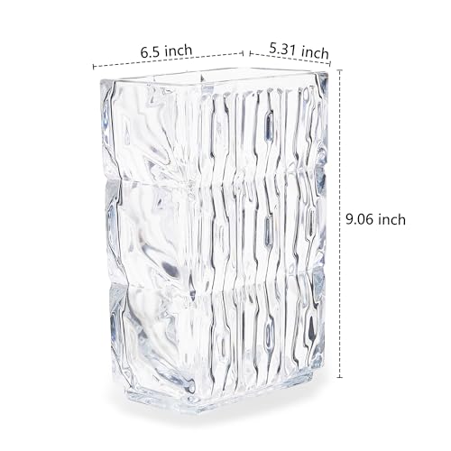 VECELO Crystal Glass Vase - Textured Clear Flower Vase for Fresh Flowers & Hydroponic Plants, Modern Decorative Centerpiece for Dining Table, Coffee Table & Home Décor, 9.06 Inches by VECELO - Image 3